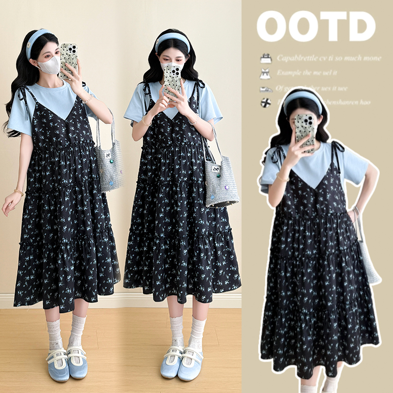 懒洋洋 现货 大码时尚女装小个子孕妇装甜美印花假两件连衣裙