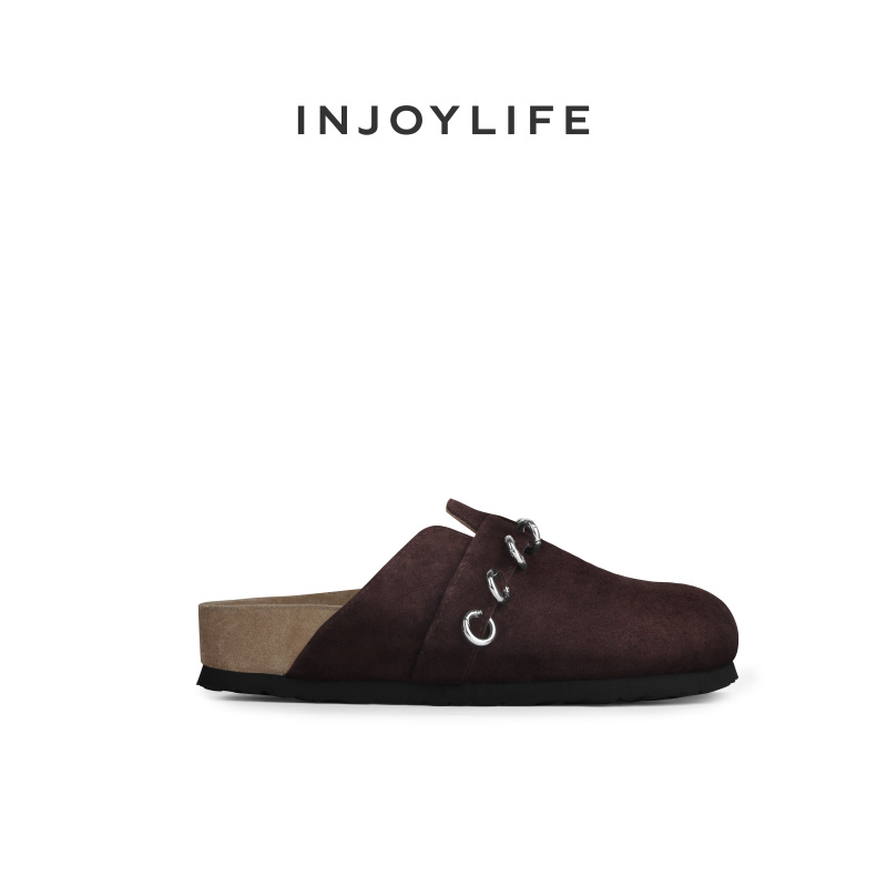INJOYLIFE环扣勃肯鞋绒面咖色厚底外穿夏季包头半拖鞋2025新款女