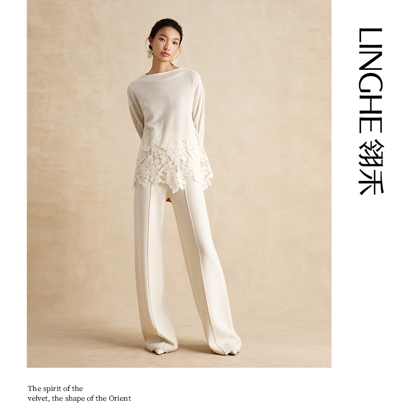 翎禾LINGHE「云间芭蕾」-长袖微一字领针织山羊绒套头衫时尚秋冬