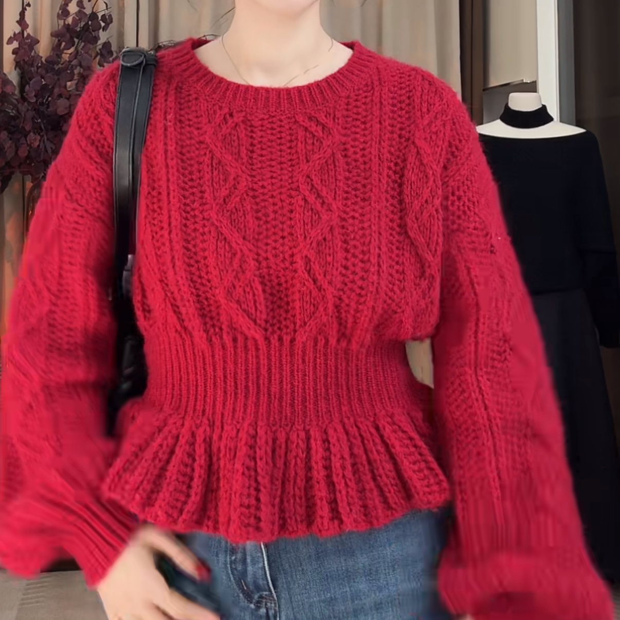 法式灯笼袖显瘦收腰韩系厚款针织衫秋冬季约会感女神必备长袖毛衣