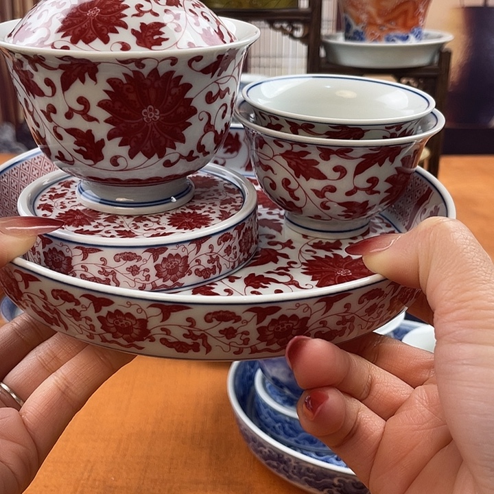 摆件陶釉里红缠枝莲五件套