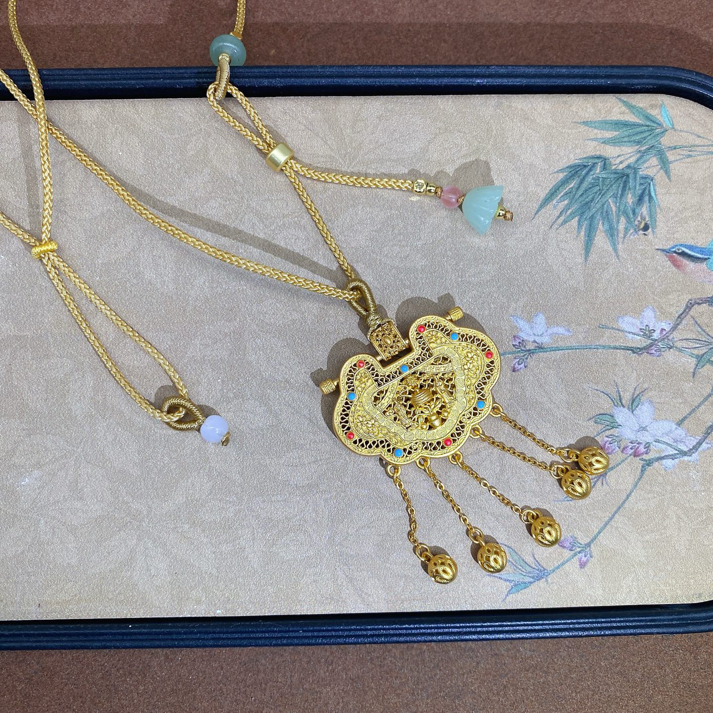 吊坠足银 彩银珐琅彩璎珞锁