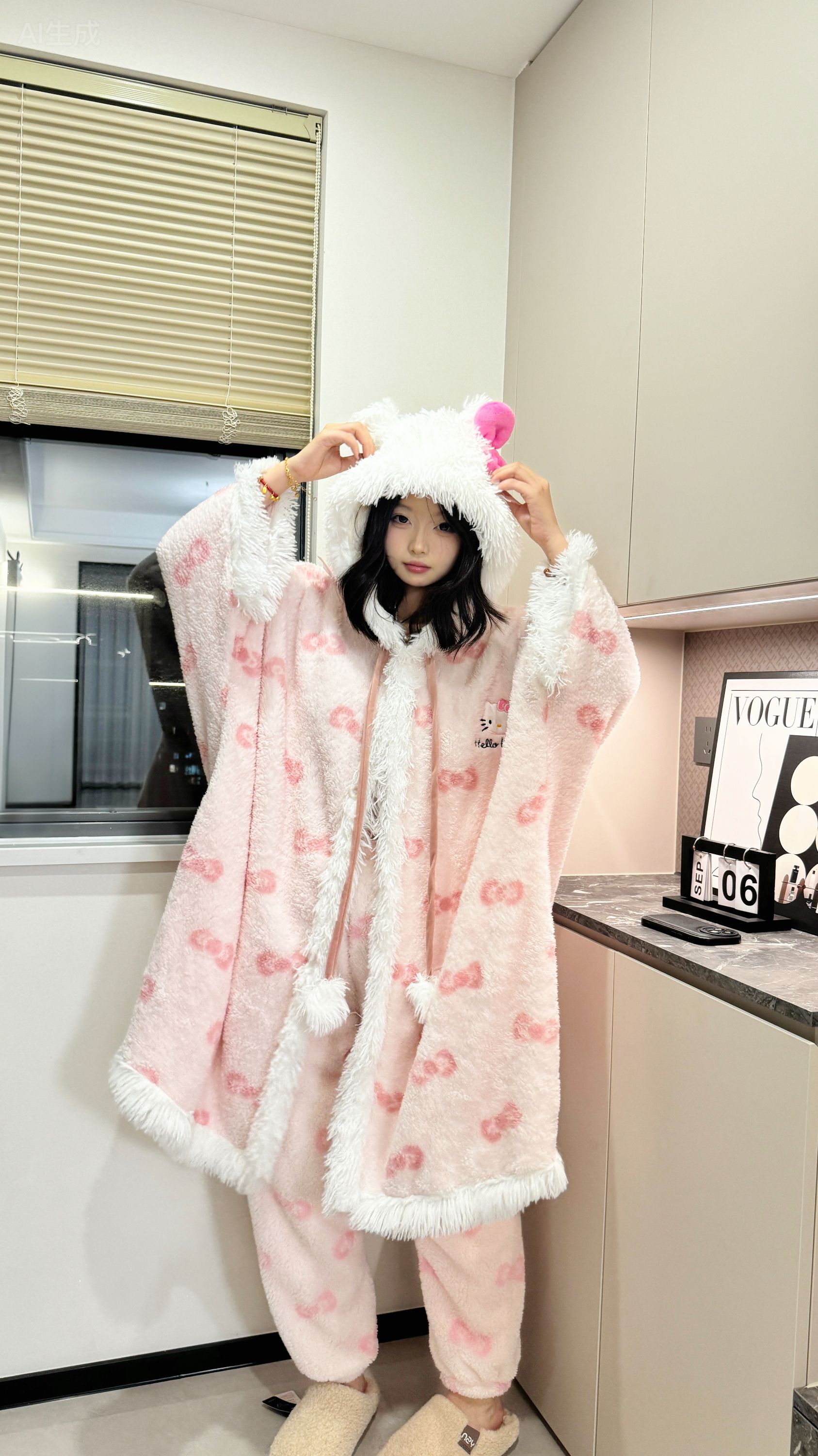 甜美韩版女生冬季加绒加厚卡通动漫睡袍连帽家居服卡通外套保暖