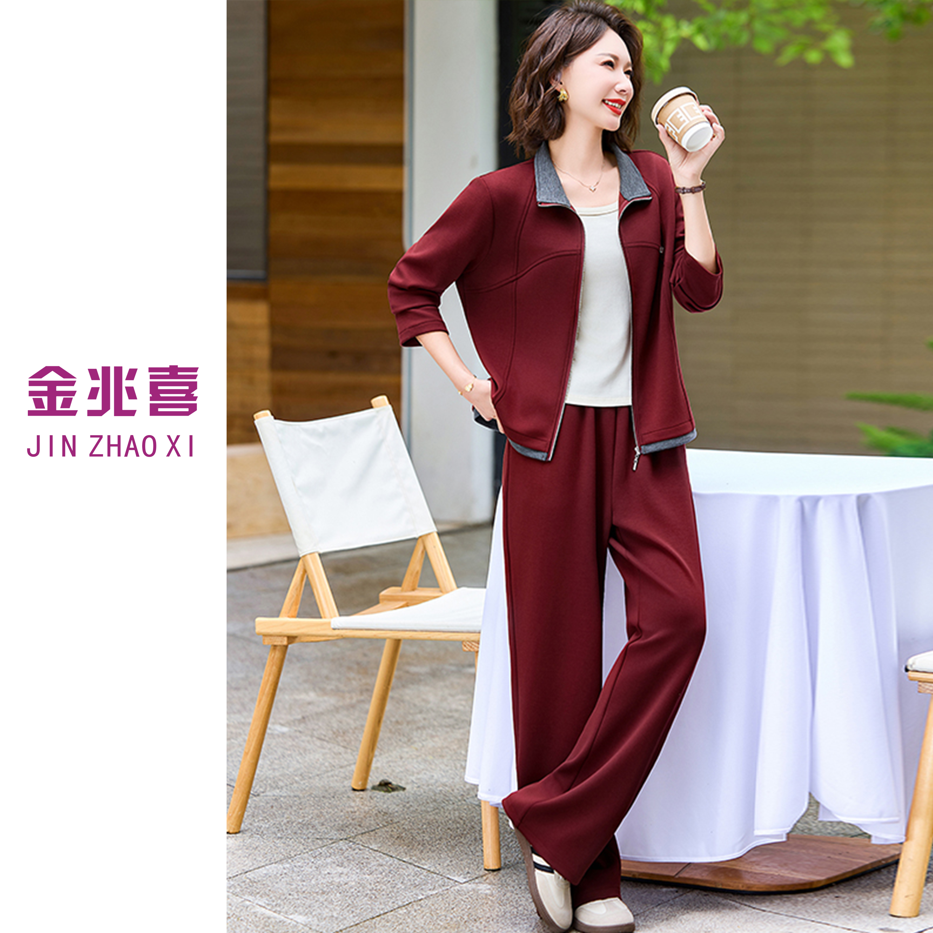 时尚妈妈秋季新款宽松型洋气大码翻领纯色外套长袖休闲风套装
