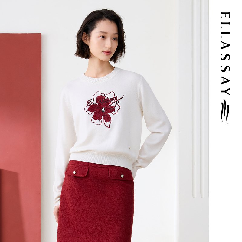ELLASSAY歌力思26早春新款山刺绣圆领针织衫女EWE371M02000