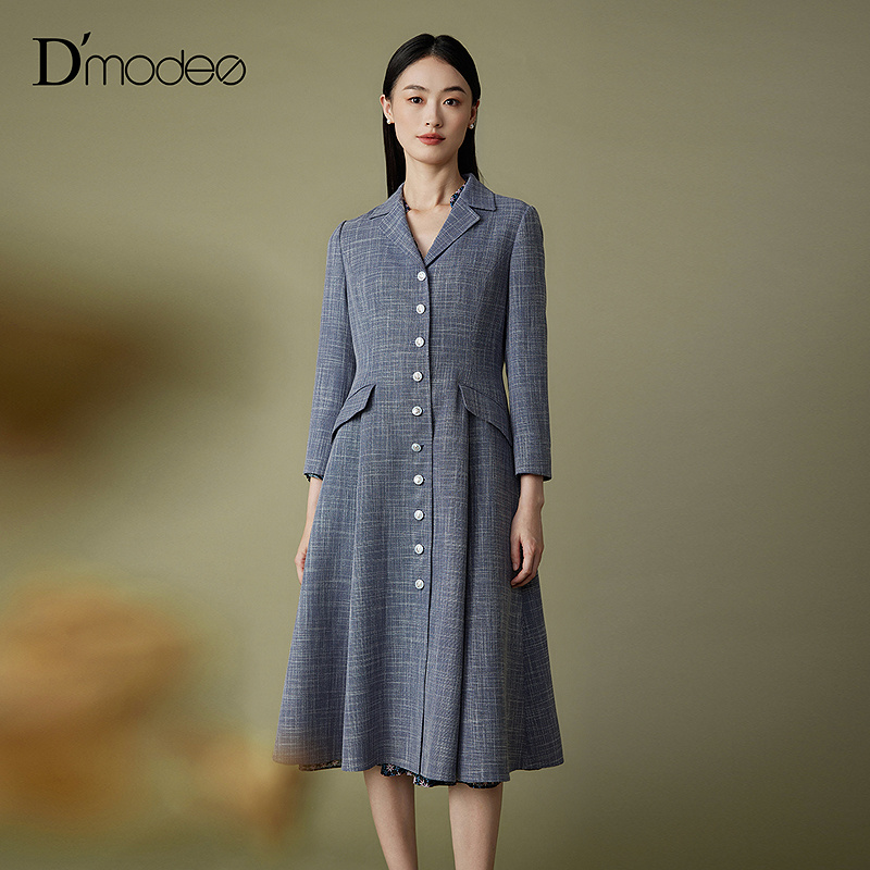 黛玛诗通勤商务西装领连衣裙优雅百搭中长裙