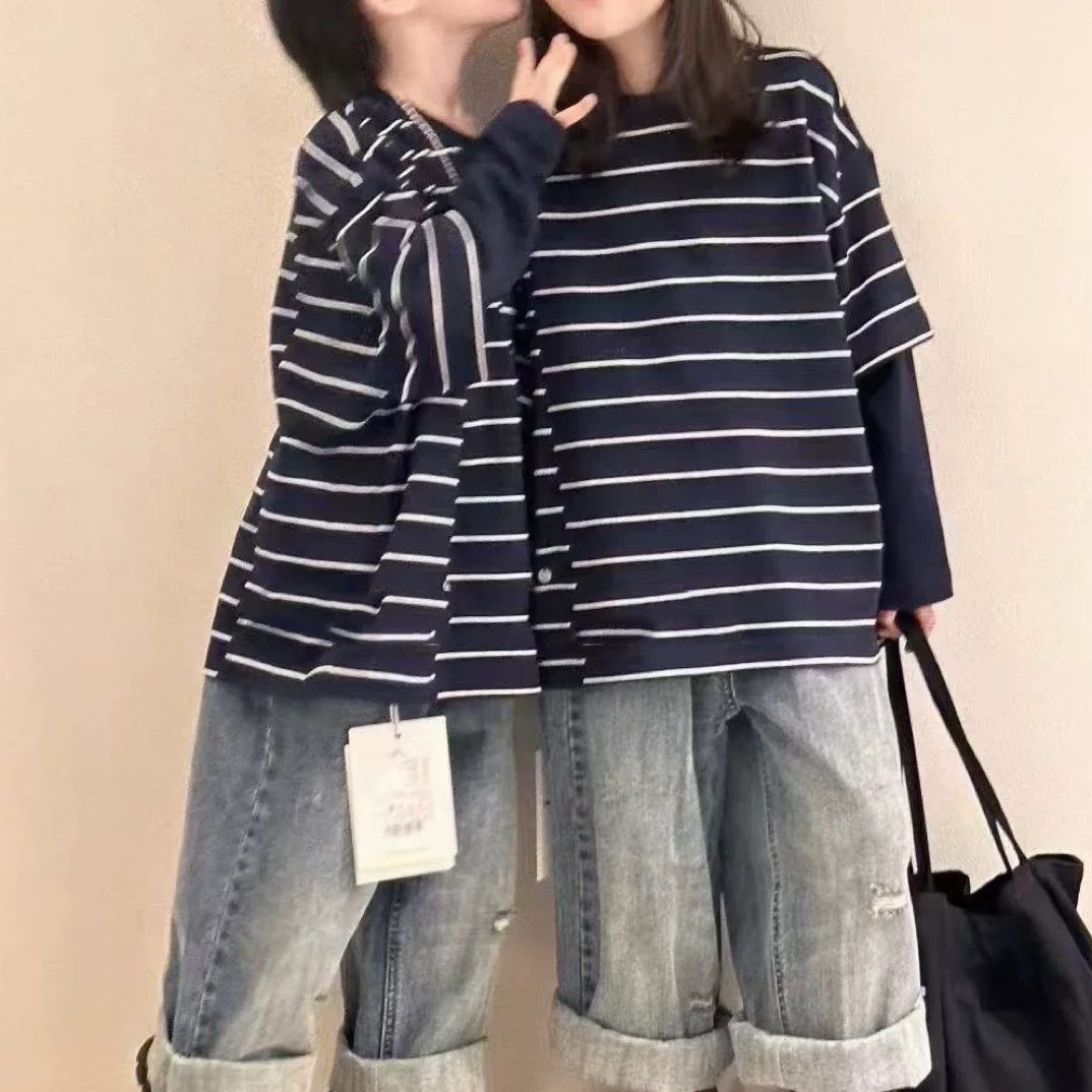 儿童2025秋季男童女童新品880349假两件中大童韩版条纹长袖卫衣