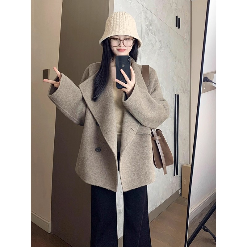 小个子双面羊绒呢子大衣女2025秋冬新款短款大翻领高级感毛呢外套