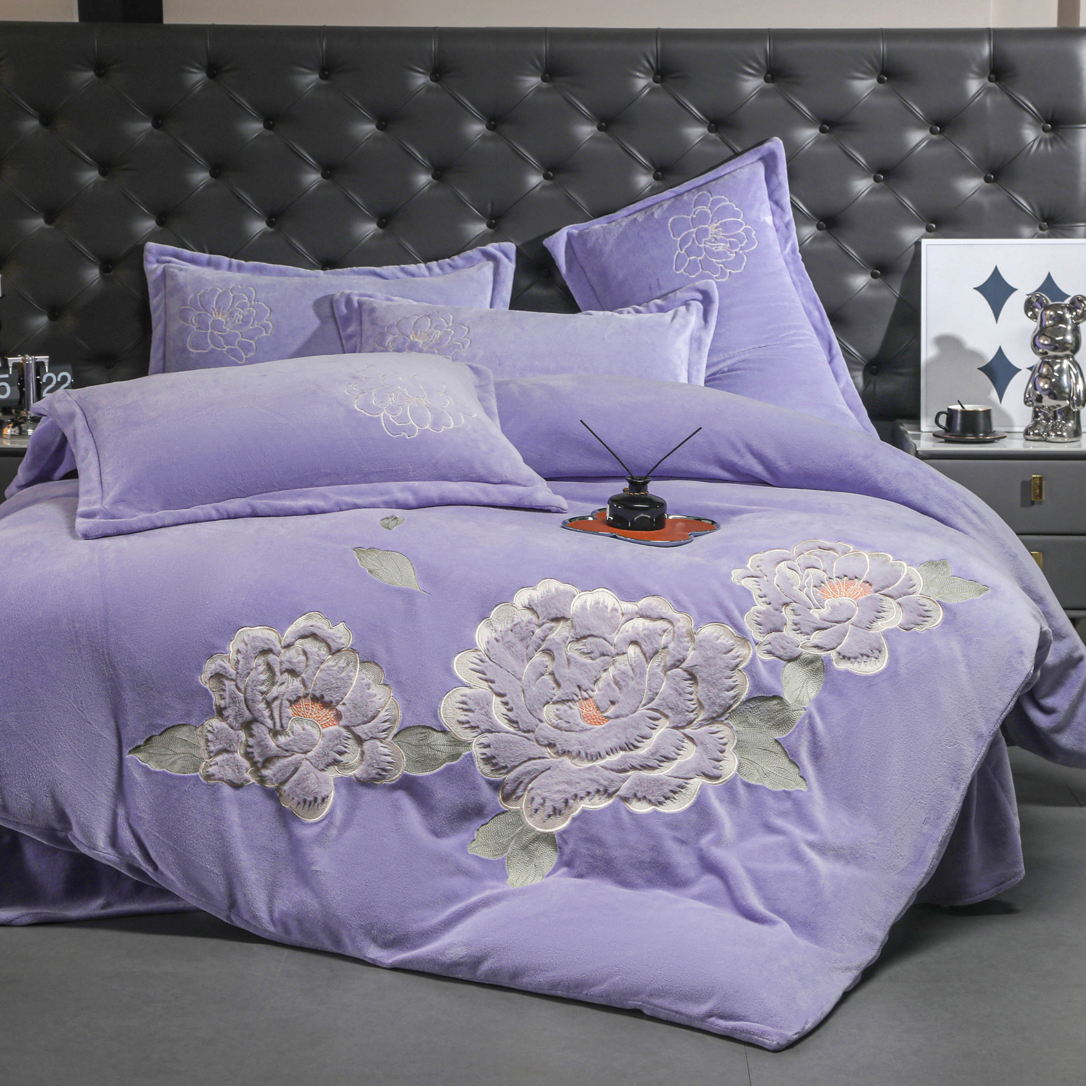【繁花】紫轻奢绣花加厚婴肤绒绒四件套刺绣牛奶绒被套床单枕套