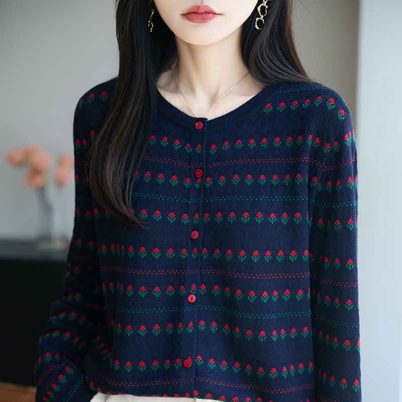 2025春秋新款圆领提花韩版针织开衫女装宽松外套时尚外搭上衣外套