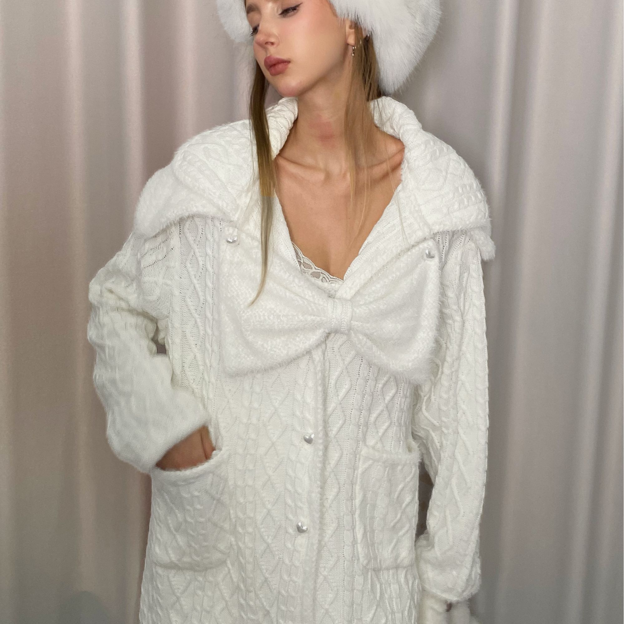 JQWENTION 25AW ''冬日恋歌''白色针织蝴蝶结毛衣外套