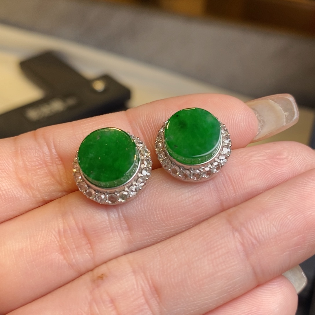 翡翠耳饰18K金镶嵌圆牌