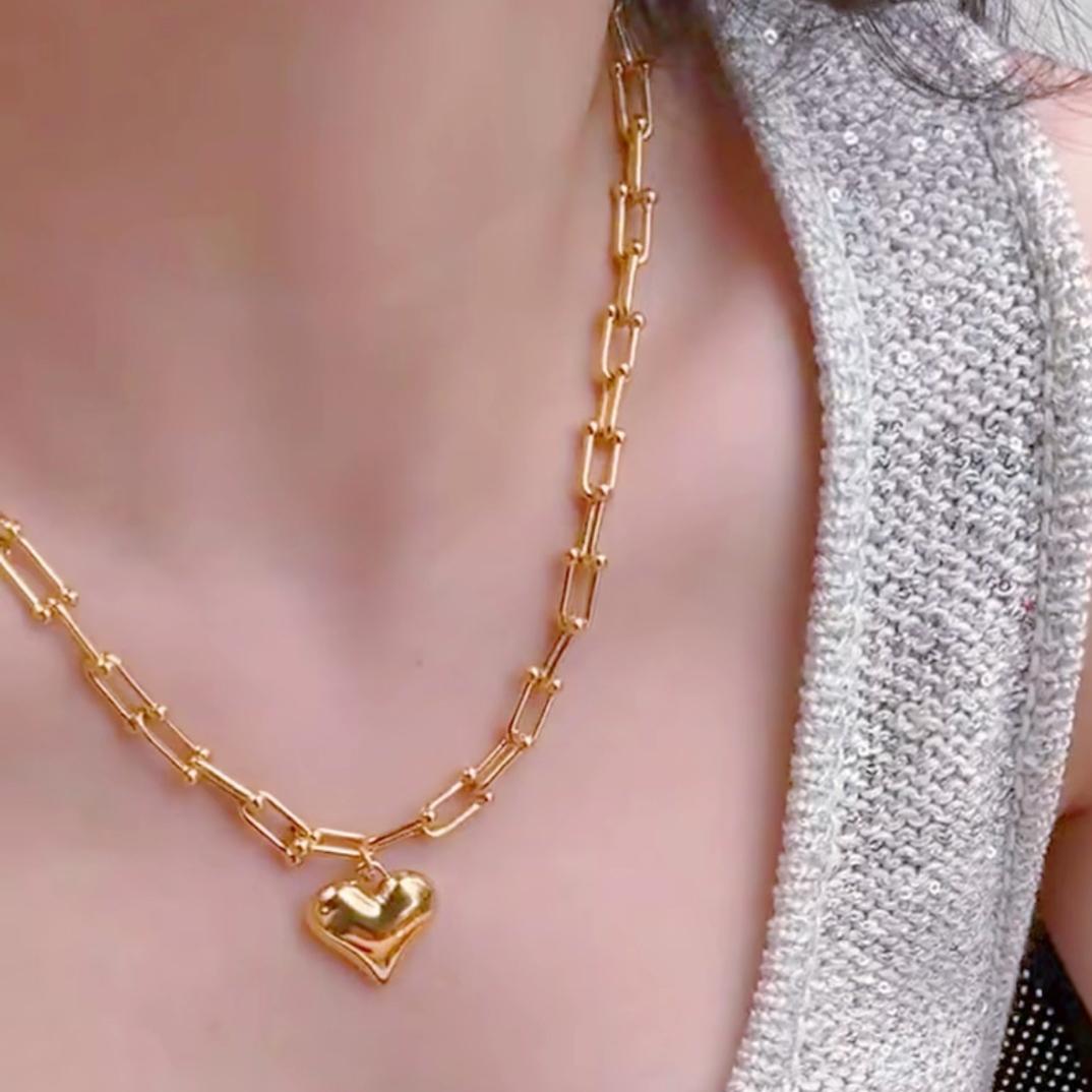 足金999马蹄爱心5D硬金项链