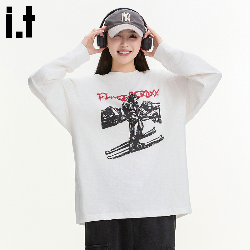 i.t FINGERCROXX美式宽松白色长袖T恤2026春季新款圆领男女同款X