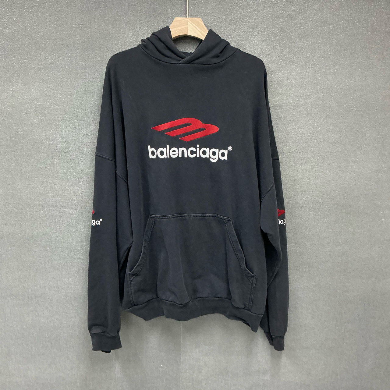 99新 Balenciaga/巴黎世家 3B刺绣logo灰色帽衫卫衣4码