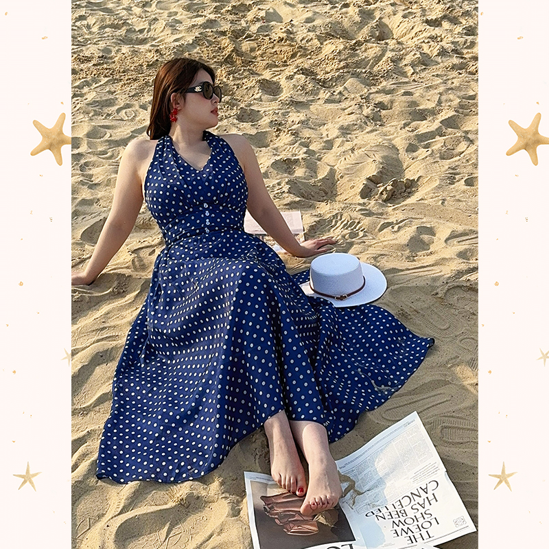 DMcc【港风姐姐】度假风法式气质波点挂脖新款波点pay连衣裙