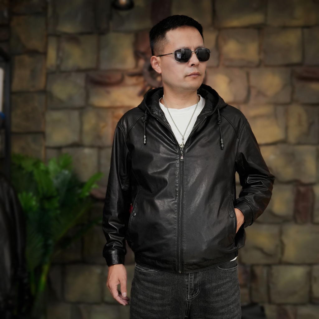 男士小牛皮连帽可脱卸羽绒内胆休闲保暖夹克潮