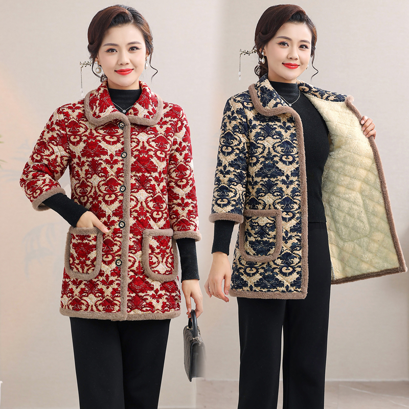 妈妈装冬季七分袖加绒棉衣棉马甲中老年女装中袖防寒保暖棉服马夹