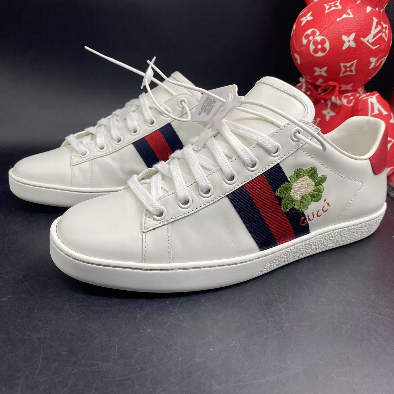 95新 GUCCI/古驰 ACE白色绿花时尚潮流板鞋38欧码ddm1960