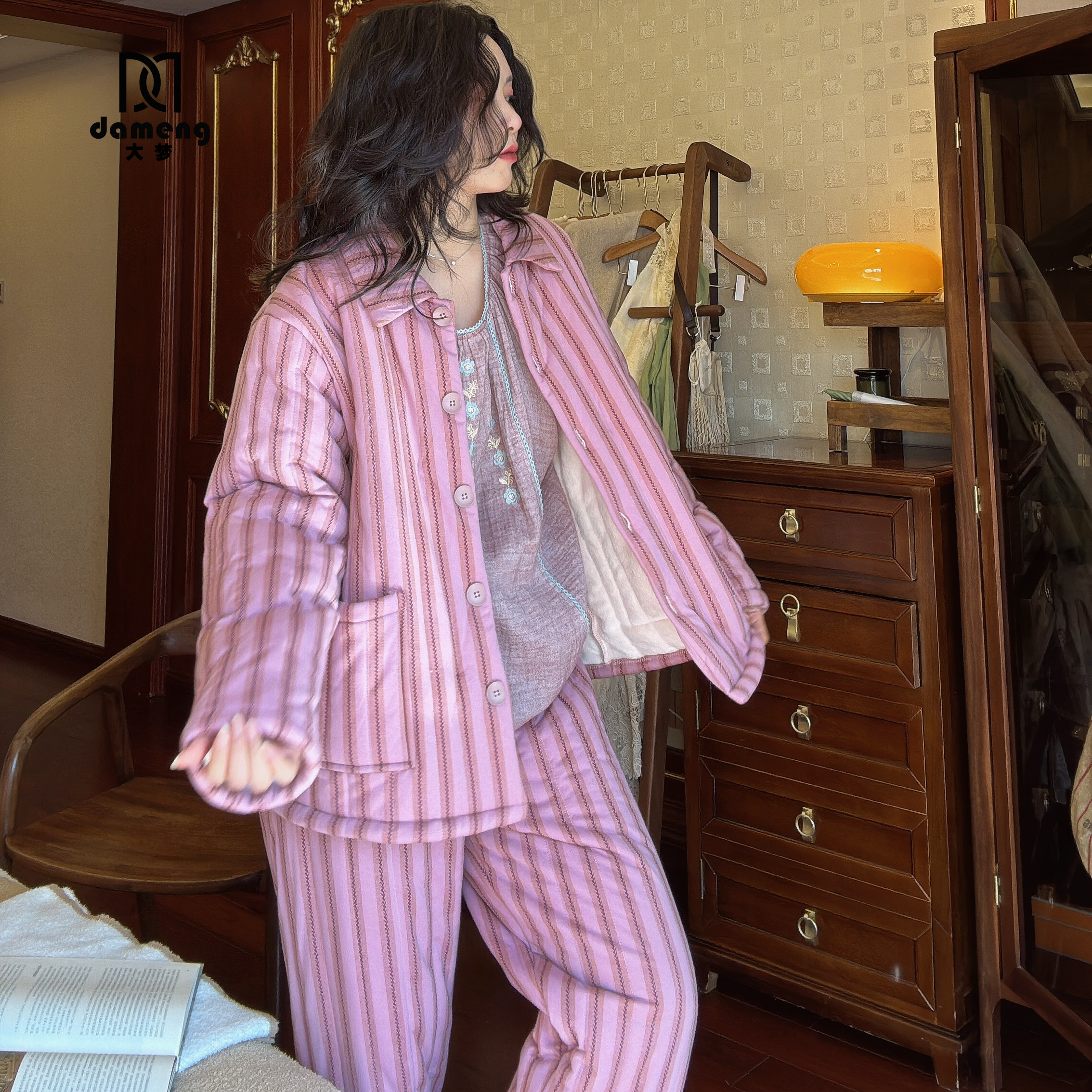 大梦睡衣女士2025新款冬季简约条纹纯棉加厚加绒可外穿家居服套装