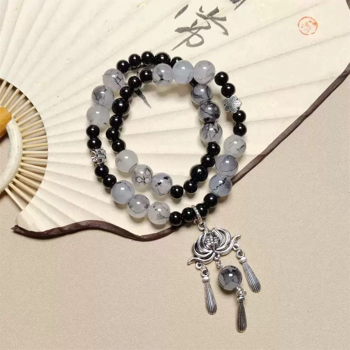 琉璃手链 串珠小众K59浮生莲花水墨琉璃双圈（无礼盒）