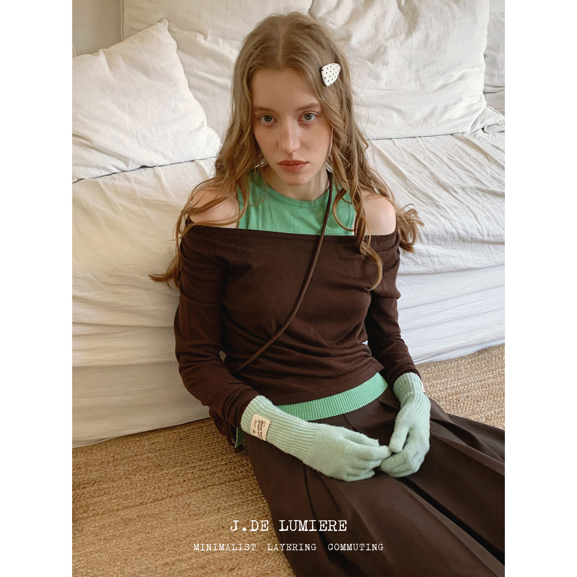 JDE「美拉德色系」秋冬拼接假两件长袖针织衫休闲设计感显瘦上衣