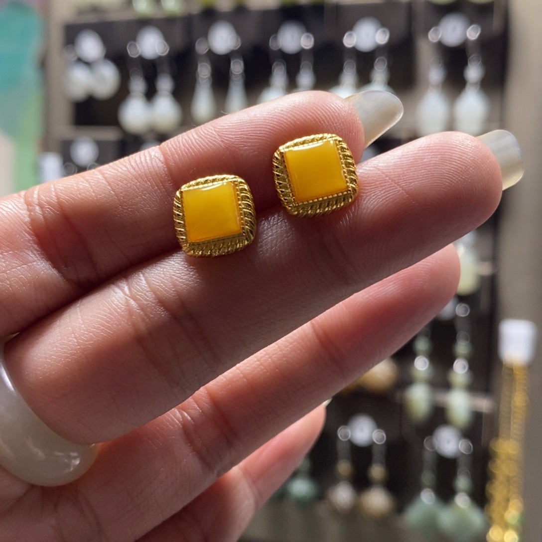 琥珀耳饰银S925镀金镶嵌烟**往