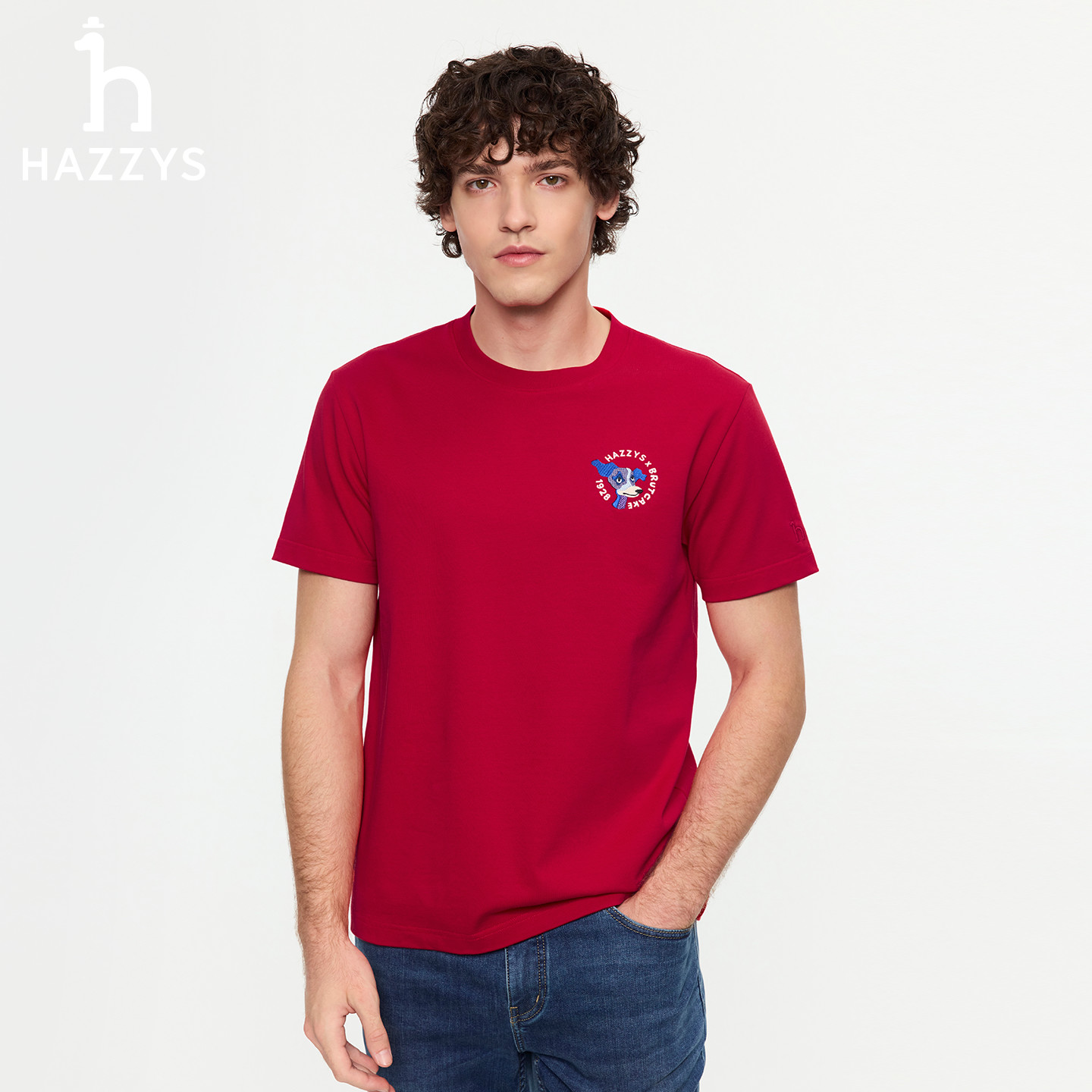 马年红品【商场同款】HAZZYS哈吉斯男士休闲短袖百搭圆领红色T恤