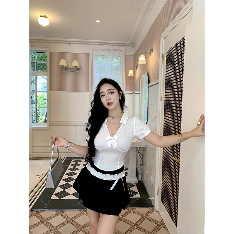 肉装小cherry 甜系珍妮 100%莱赛尔微胖打揽V领蝴蝶结短袖衬衫夏