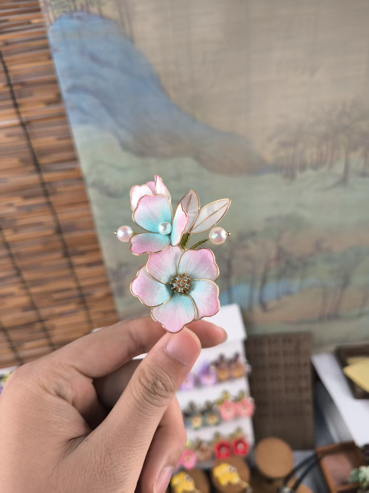 蓝粉色掐丝牡丹绒花发夹