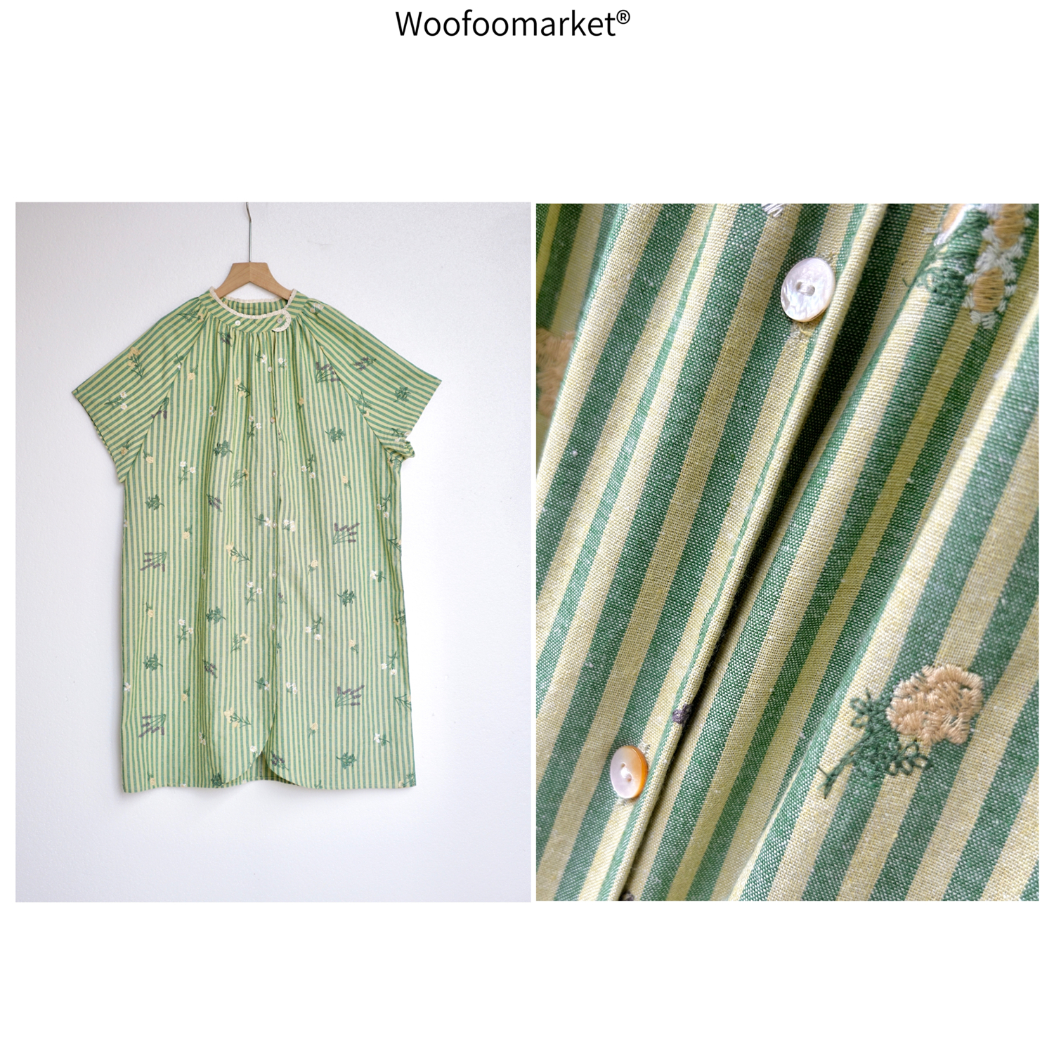 【海街日集】自制 条纹刺绣碎花 棉麻短袖中长衬衫女夏季 CY800