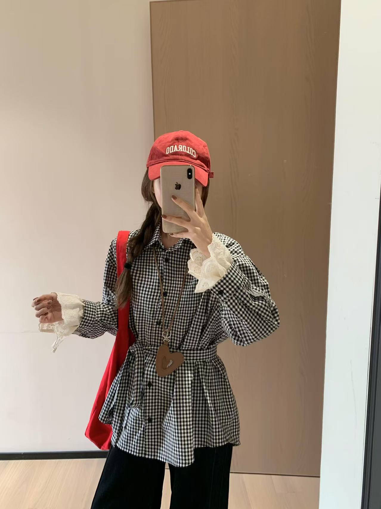 【孤品捡漏直接拍】格子法衬衫女袖口拼接蕾丝花边袖宽松领衬衣