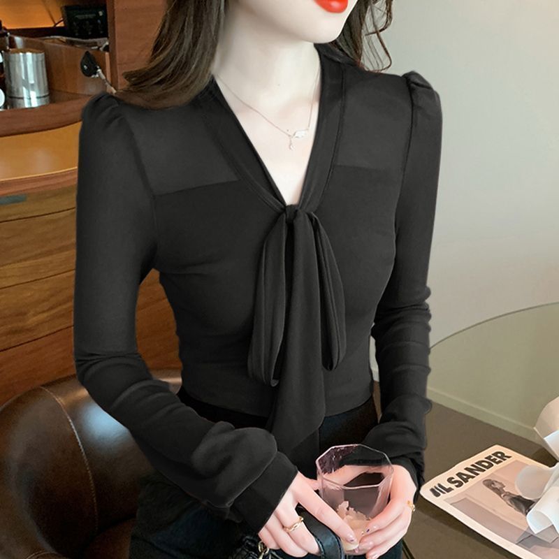 V领女式修身打底黑色T恤百搭长袖内搭短款气质打底衫洋气修身短裙