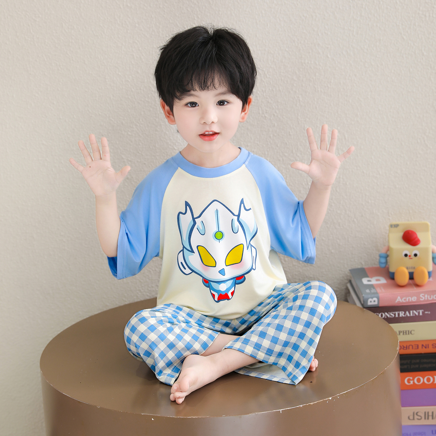 儿童奥特曼睡衣莫代尔套装夏季七分袖薄款男童家居服男宝宝空调服