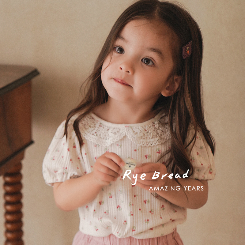 黑面包童装 圆领拼接蕾丝花边娃娃衫T恤洋气上衣女童碎花3夏季