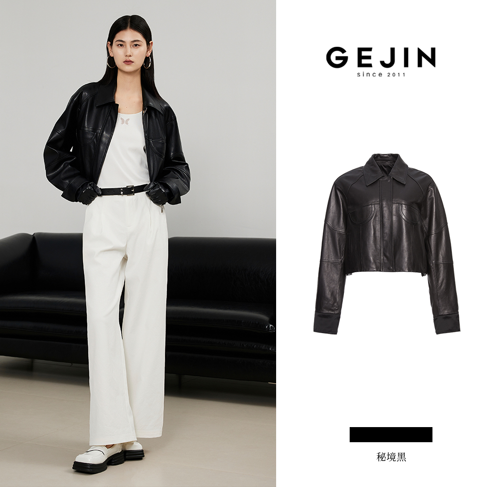 GEJIN/歌锦秋季新款翻领设计师百搭气质皮衣外套9332570447