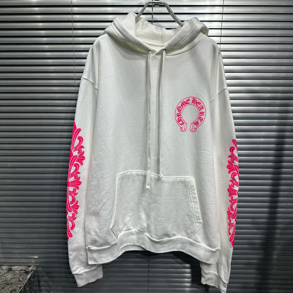 未使用 Chrome Hearts/克罗心 粉色麒麟臂马蹄印花白色帽衫/m码