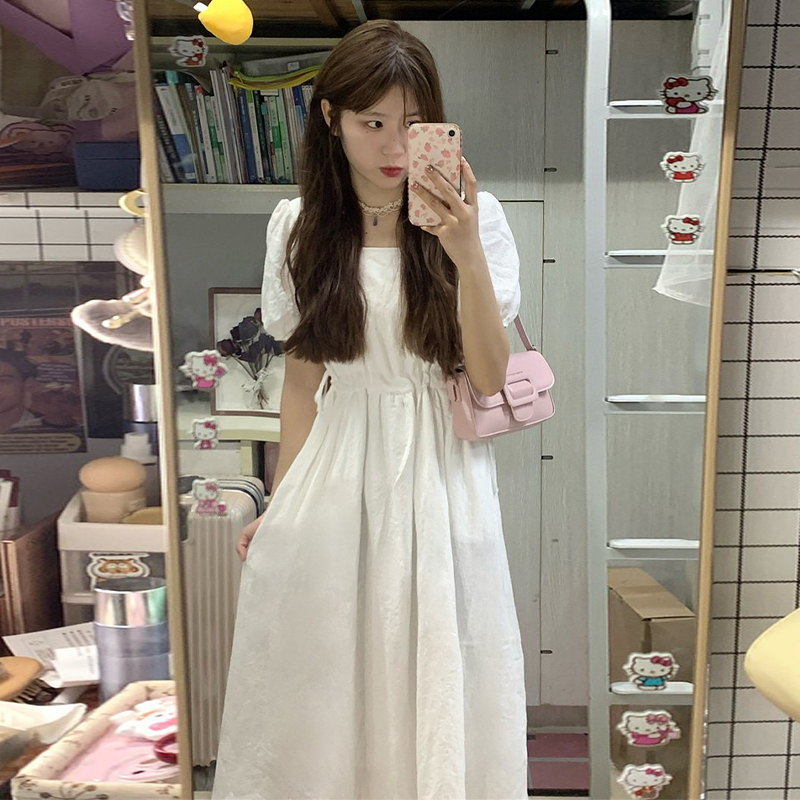 【现货+运补】法式温柔风长裙仙女甜美小裙白色方领连衣裙夏季9692