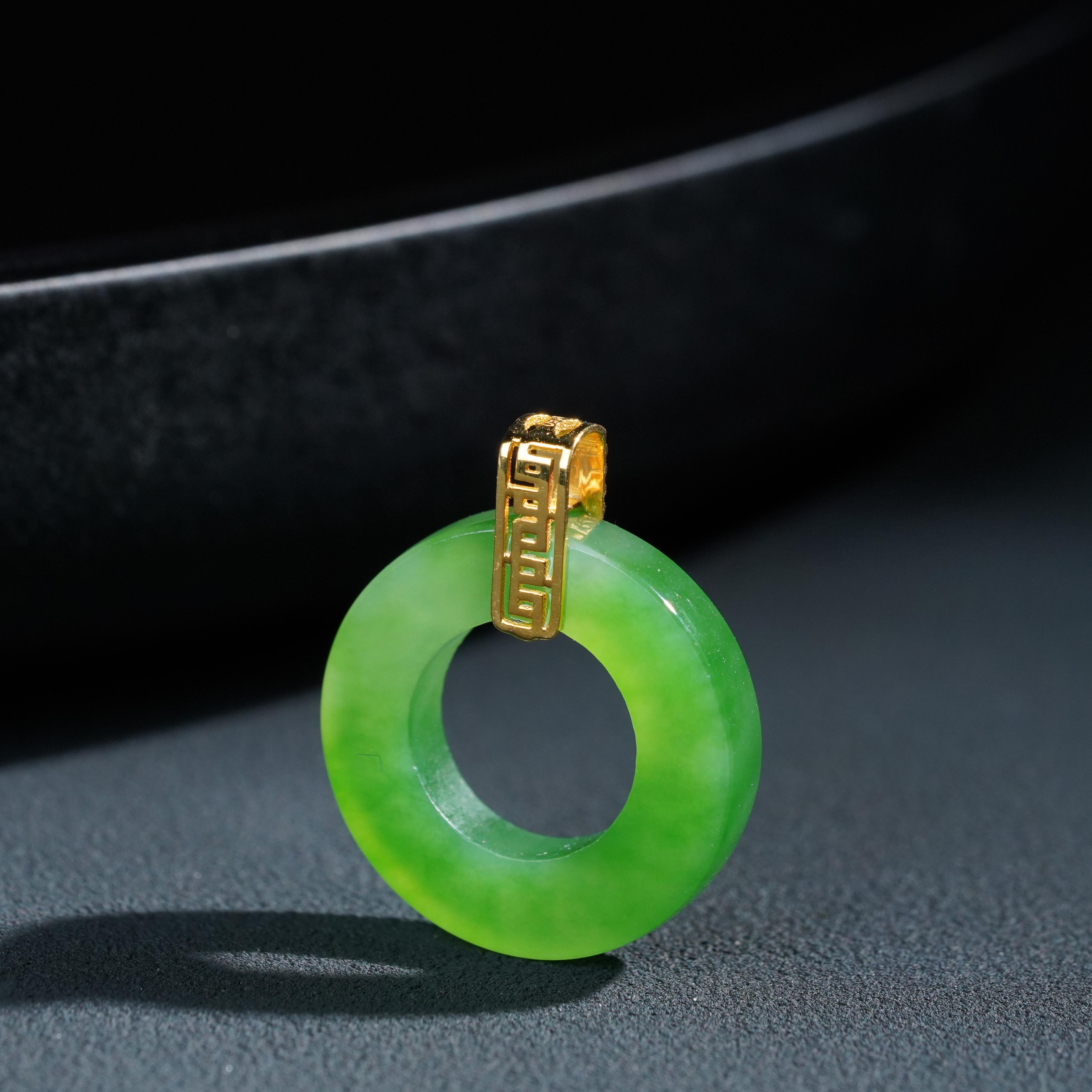 【鹿鸣】18K金和田玉碧玉甜甜圈吊坠 18*3mm 不含链 H44