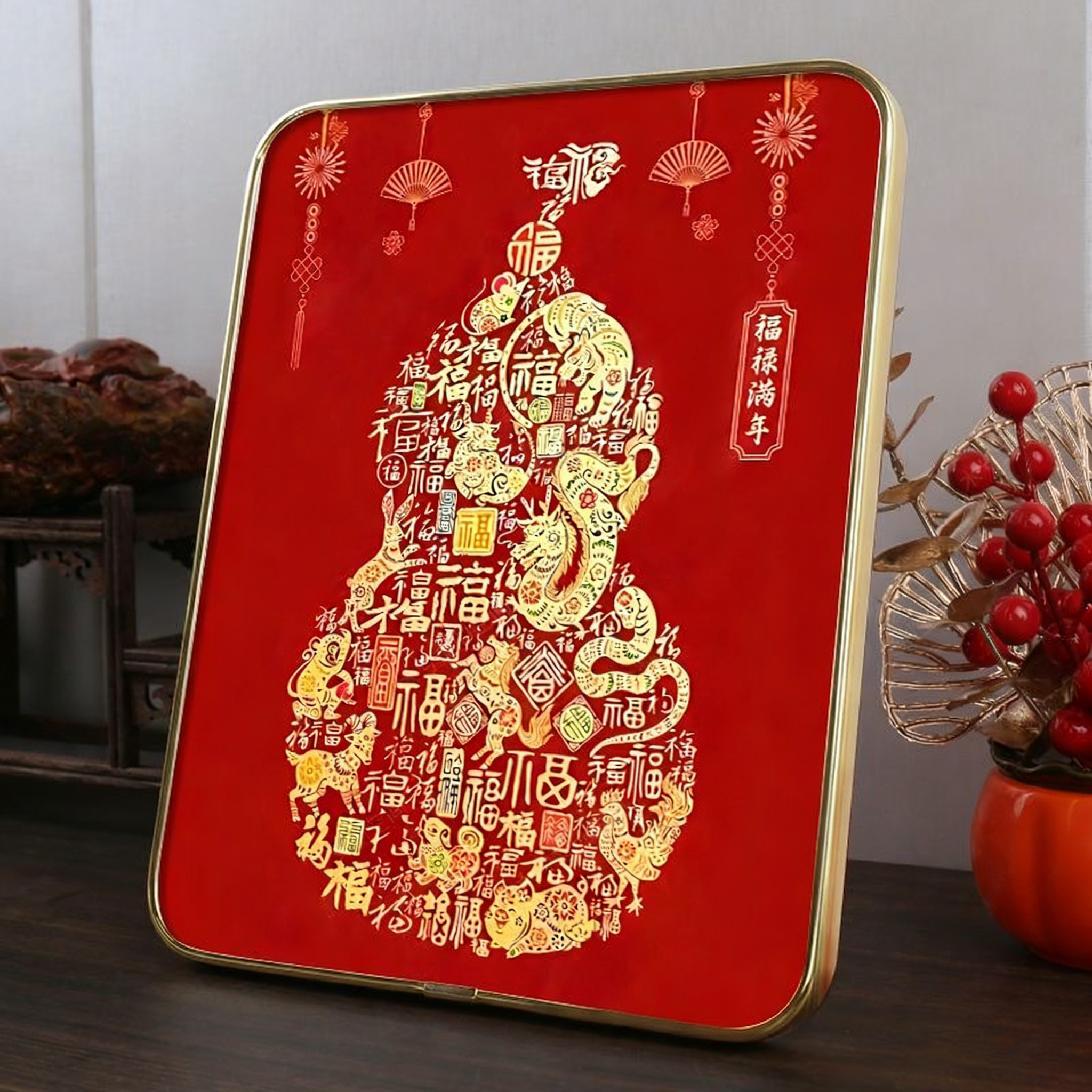 葫芦摆台新中式客厅电视柜桌面装饰摆画百福图好寓意卧室餐厅摆画