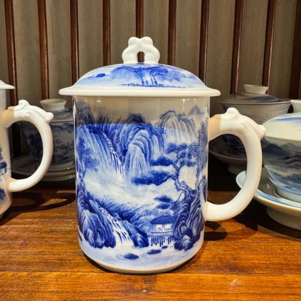 景德镇窑火高端重工满绘工笔画高山流水办公杯