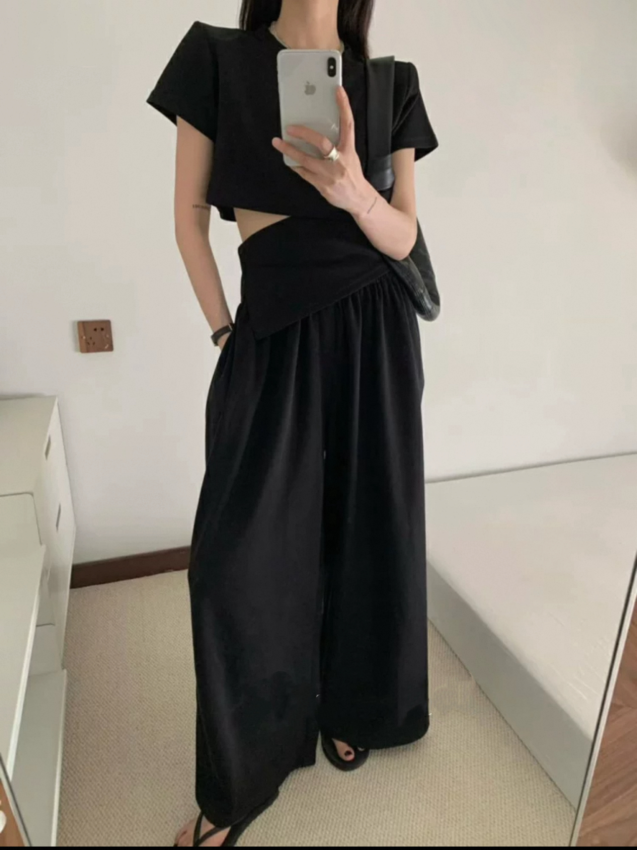 X219121-不规则简约阔腿裤套装女夏季时尚洋气显瘦短款T恤两件套