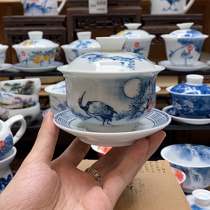 手绘松鹤延年盖碗160cc釉下彩微瑕福利款