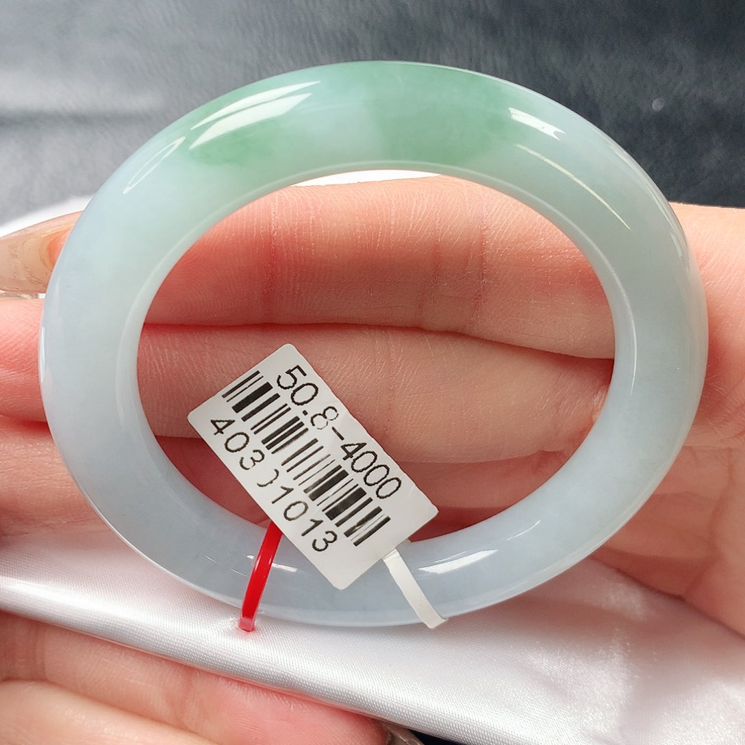 翡翠手镯未镶嵌冰胶半山水圆条50圈口37号