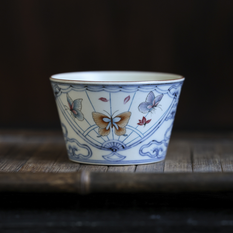 【好物】开窗斗彩扇子彩蝶-墨冉-猪口杯（新墨冉0336）