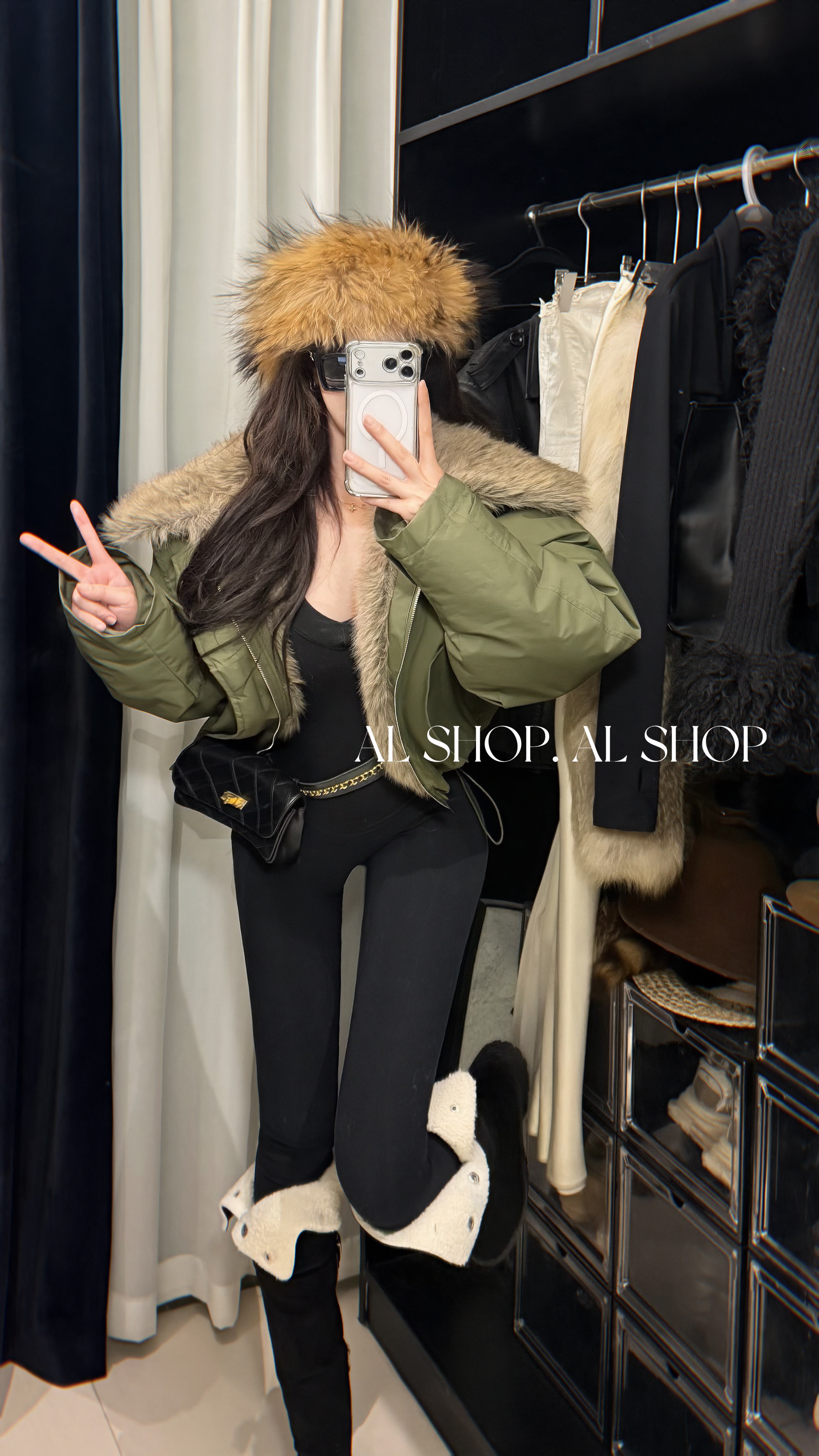 AL SHOP【冬至岛】韩系时尚高级感宽松军绿色毛毛翻领上衣外套