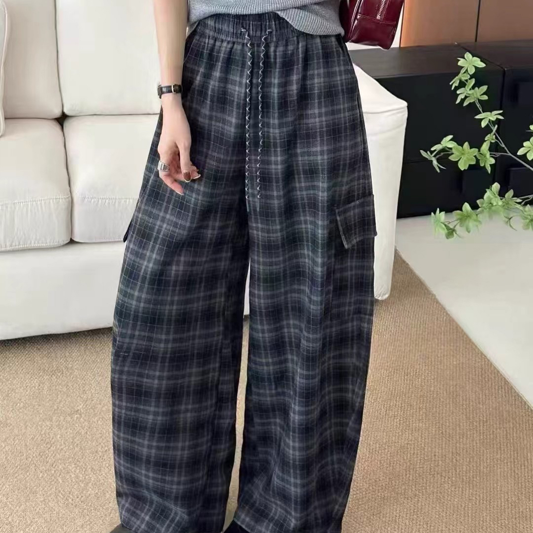 林玲～早秋新款格子休闲女裤松紧腰显瘦工装裤