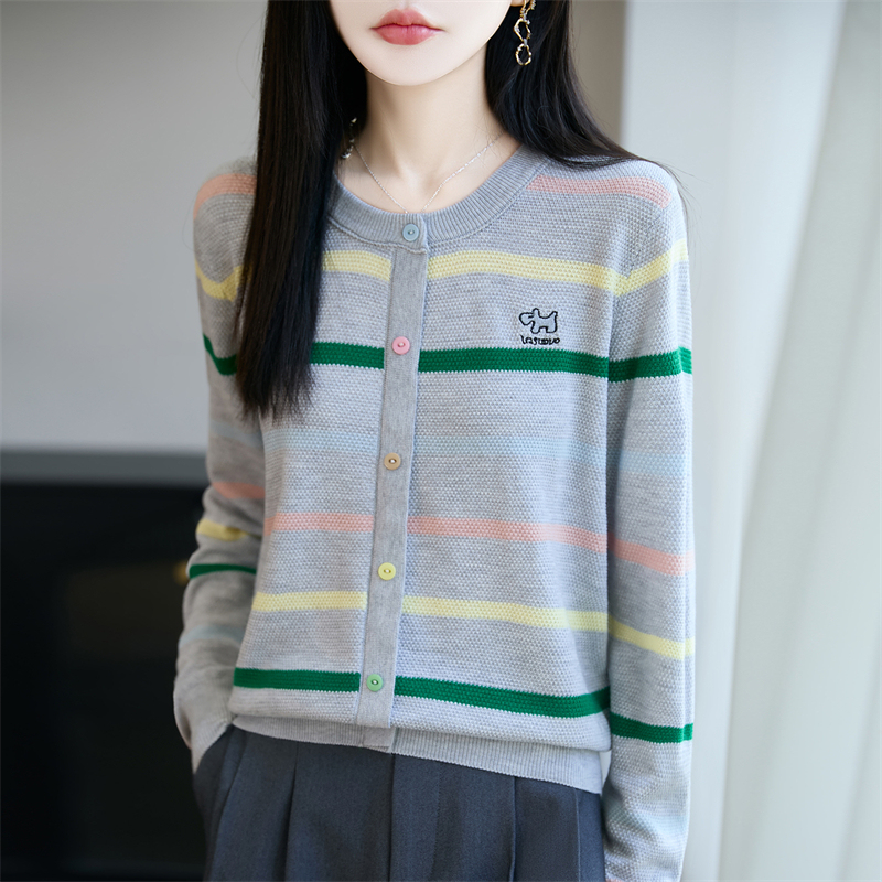 【早秋~新款】圆领长袖秋季条纹精纺羊毛针织衫女士小香风假开衫