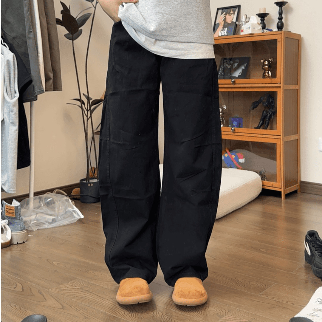 春夏美式复古洗褪baggy阔腿工装裤男女宽松直筒弯刀裤拖地长裤子