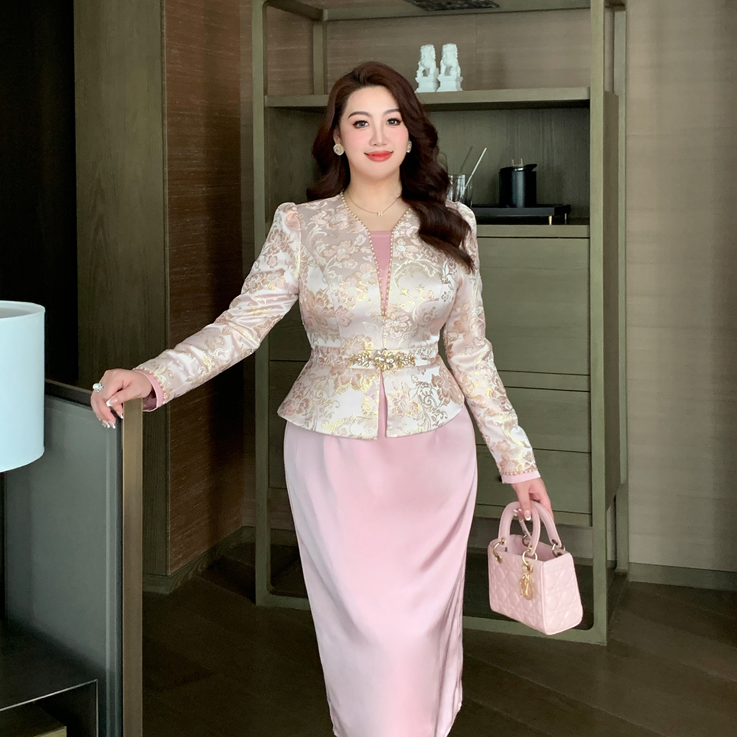 GLEC大码女装时尚高端胖mm新中式重工钉珠设计感提花假两件连衣裙